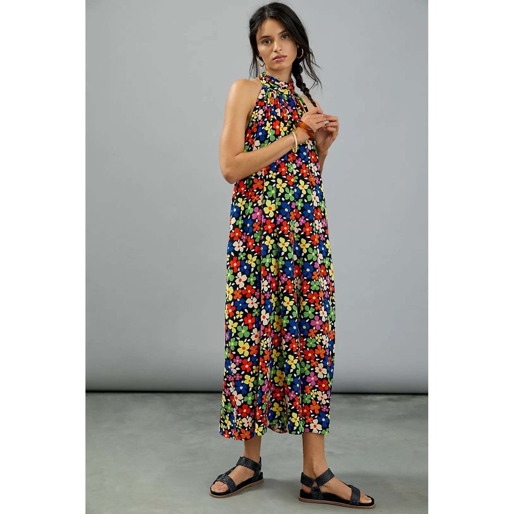 Traffic People Anthropologie Twiggy Jumpsuit Floral Halter Wide Leg Black S